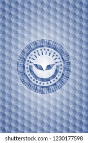 wings icon inside blue emblem with geometric background.