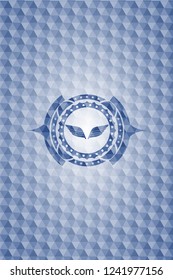 wings icon inside blue emblem with geometric background.