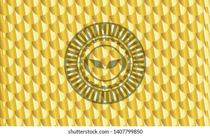 wings icon inside gold badge. Scales pattern. Vector Illustration. Detailed.