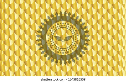 wings icon inside golden emblem or badge. Scales pattern. Vector Illustration. Detailed.