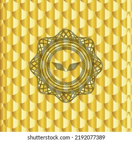 wings icon inside golden emblem or badge. Scales pattern. Vector Illustration. Detailed. 