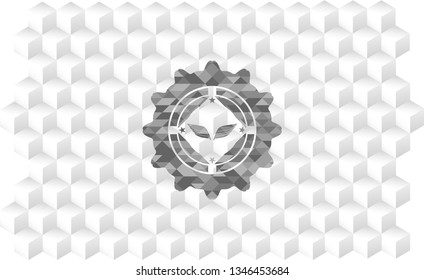wings icon inside grey badge with geometric cube white background