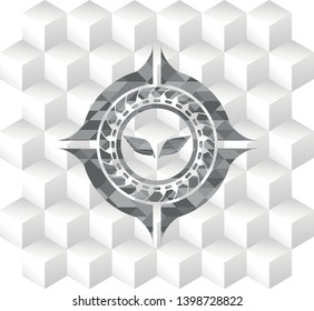 wings icon inside grey badge with geometric cube white background
