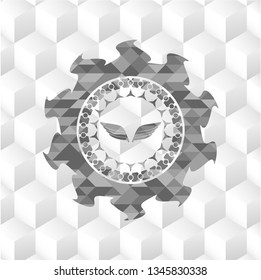 wings icon inside grey emblem. Vintage with geometric cube white background
