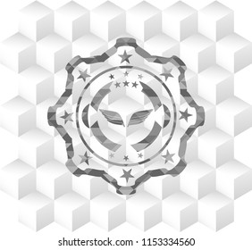 wings icon inside realistic grey emblem with cube white background