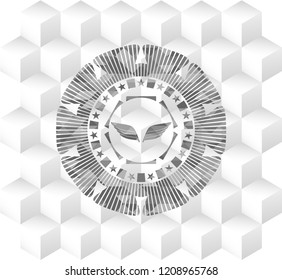 wings icon inside realistic grey emblem with geometric cube white background