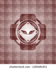 wings icon inside red emblem with geometric pattern. Seamless.