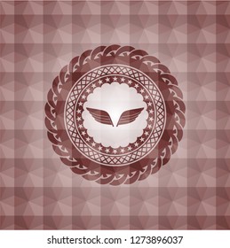 wings icon inside red emblem with geometric pattern. Seamless.