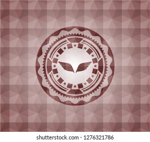 wings icon inside red emblem with geometric pattern. Seamless.