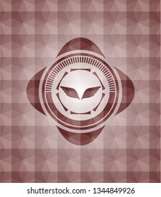 wings icon inside red emblem with geometric pattern background. Seamless.