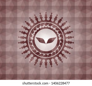 wings icon inside red emblem or badge with abstract geometric pattern background. Seamless.