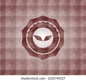wings icon inside red seamless geometric pattern emblem. Seamless.