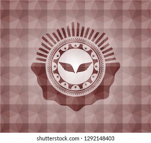 wings icon inside red seamless geometric pattern emblem. Seamless.