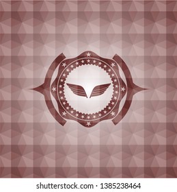 wings icon inside red seamless emblem or badge with abstract geometric polygonal pattern background.