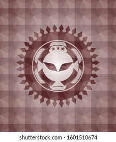 wings icon inside red seamless geometric pattern emblem. Seamless.