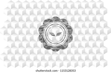 wings icon inside retro style grey emblem with geometric cube white background