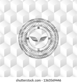 wings icon inside retro style grey emblem with geometric cube white background