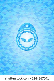 wings icon inside sky blue emblem with triangle mosaic background. 