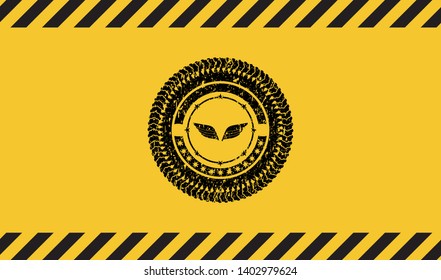wings icon inside warning sign, black grunge emblem. Vector Illustration. Detailed.