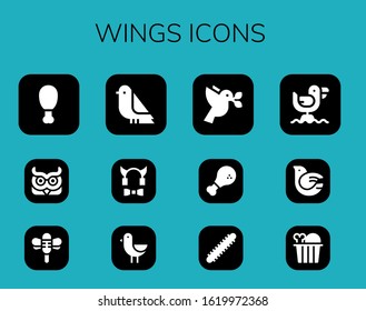 wings icon set. 12 filled wings icons. Included Fried chicken, Owl, Dragonfly, Bird, Devil, Dove, Chicken, Centipede, Seagull icons