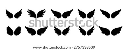 Wings icon set. Angel or bird wings symbol. Bird wing symbol collection and group, black monochrome vector illustration isolated on white background for logo design.