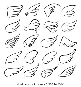 Wings icon set, bird drawing in spread and motion. Angel shape element. Vector  wings sketch illustration isolated on white background