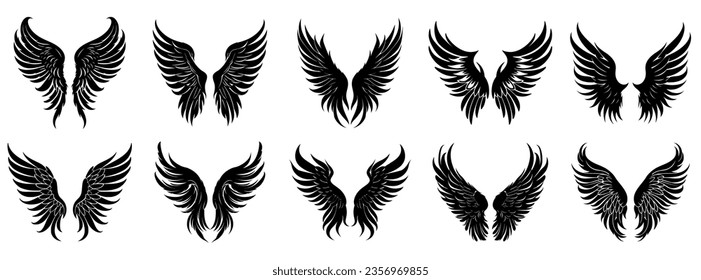 Wings icon. Set of black icons of wings on white background. Wings logo design. Vector illustration