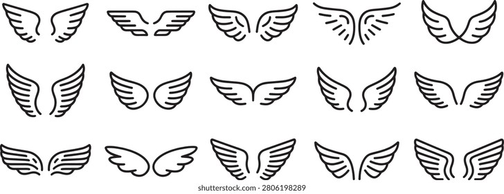 Wings Icon Set with Black Outline Feathers for Branding, Logos, Tattoos, and Decorative Vector Designs