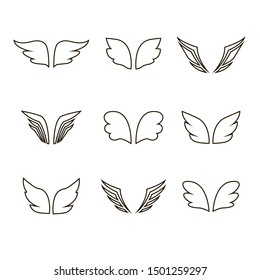 Wings icon set .Collection of Abstract Black thin line Wings birds and angel