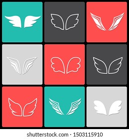 Wings icon set .Collection of Abstract flat white  Wings birds and angel