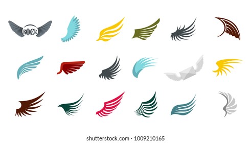 Wings icon set. Flat set of wings vector icons for web design isolated on white background