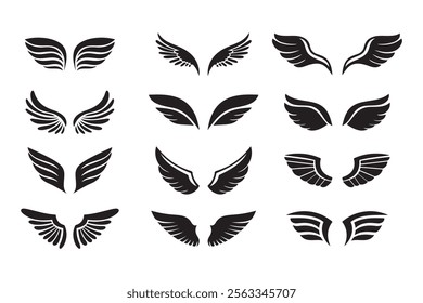 Wings icon set on white background. Angel wings icon vector set. Eagle, bird, heraldic, flying, eagle, phoenix, eagle logo