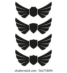 Wings icon set with shields isolated on white background. Wing emblem or label. Vector illustration.