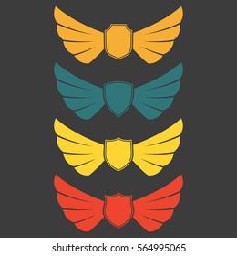 Wings icon set with shields isolated on white background. Wing emblem or label. Vector illustration.