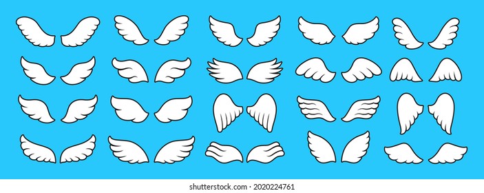 Wings icon simple cartoon set. Sign design elements. Winged line logo, angel or feather bird two wing. Modern minimalistic icons abstract vector isolated on blue background