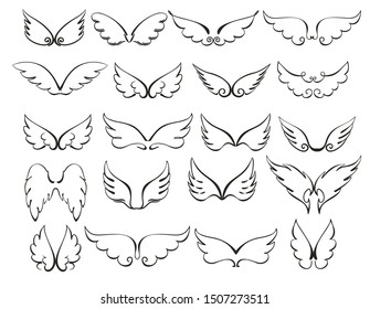 Wings icon sketch collection cartoon hand drawn vector illustration sketch. Wings linear sketch big set.