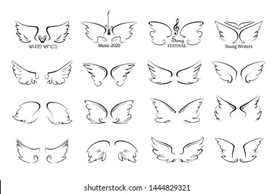 Wings icon sketch set cartoon hand drawn doodle style isolated on a white background, vector illustration