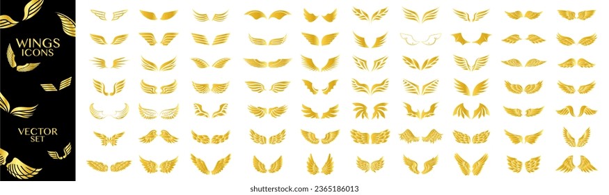 Wings icons. Gold wings icon set. Collection badges of wings