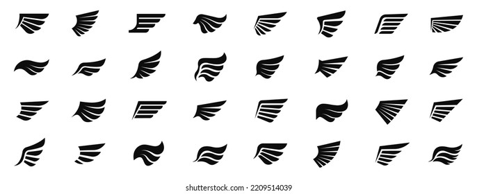 Wings icons set. Set of black wings icons. Wings badges. Set of wings icons.