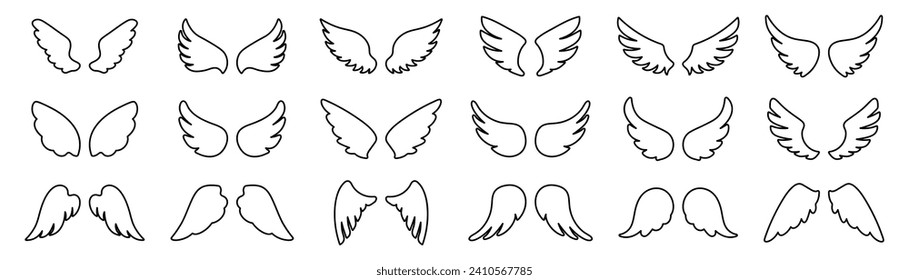 Iconos de las alas. Juego de iconos de las alas negras. Alas de pájaro, elementos de las alas de ángel. Colección Wing en forma diferente. Ilustración del vector