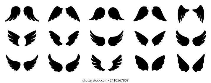 Wings icons. Set of black wings icons. Bird wings, angel wings elements. Wing Collection in different shape. Vector illustration