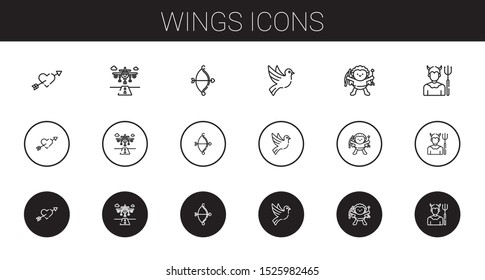 wings icons set. Collection of wings with cupid, runway, dove, devil. Editable and scalable wings icons.