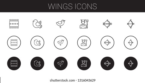 wings icons set. Collection of wings with runway, pigeon, chicken, devil, cupid. Editable and scalable wings icons.
