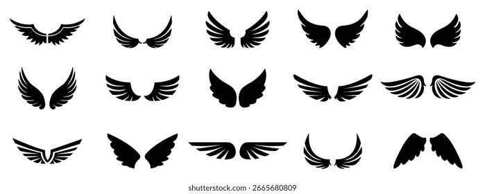 Wings icons set with feather shapes, flying forms, and silhouette styles used for logos, badges, labels, graphics, and design layouts.