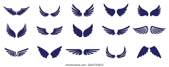 Wings icons set with feather shapes, spread forms, and silhouette styles used for labels, badges, graphics, emblems, and design layouts.