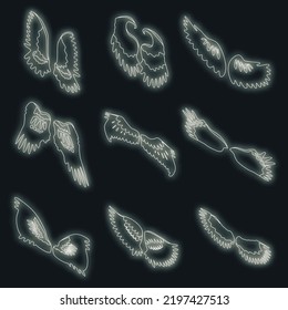 Wings icons set. Isometric set of wings vector icons neon color on black
