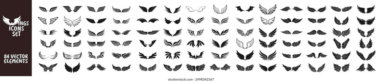 Wings icons set on transparent background. Angel wings icon vector set. Eagle, bird, heraldic, flying, falcon, phoenix, hawk logo