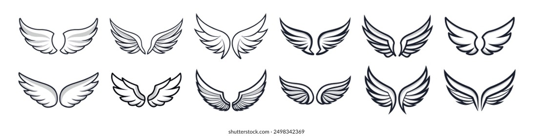 Wings icons set on transparent background. Line style. Angel wings icon vector set. Eagle, bird, heraldic, flying, falcon, phoenix, hawk logo