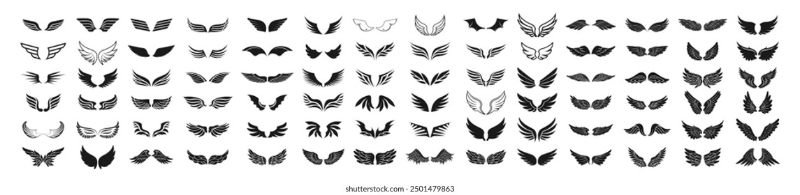 Iconos de alas sobre fondo transparente. Conjunto de Vector de icono de alas de ángel. Águila, pájaro, heráldico, volando, halcón, fénix, halcón logo