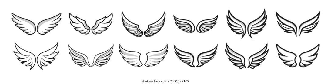 Wings icons set on transparent background. Line style. Angel wings icon vector set. Eagle, bird, heraldic, flying, falcon, phoenix, hawk logo